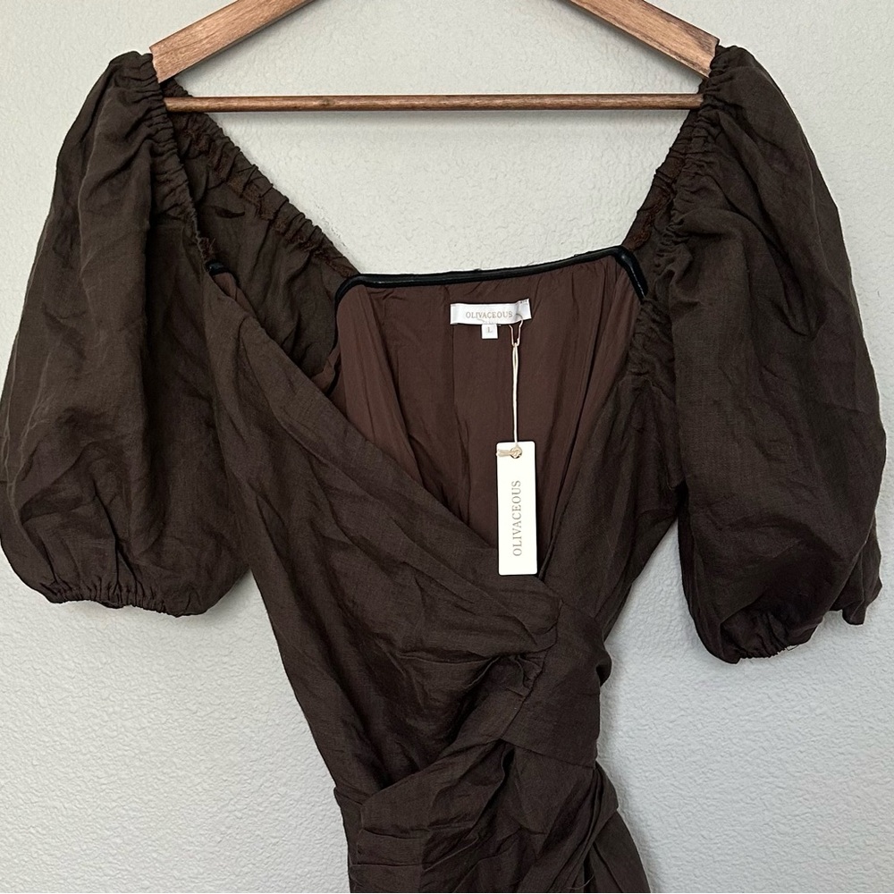 🤎Olive Brown Puff Sleeve Wrap Mini Dress by Olivaceous - Picture 5 of 5